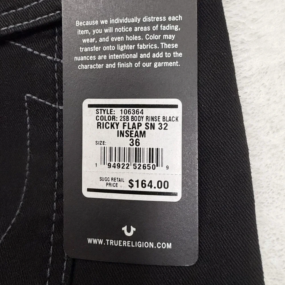 True Religion Ricky Flap SN Black Jeans Mens 36x32 Straight Leg NWT Retail $164
